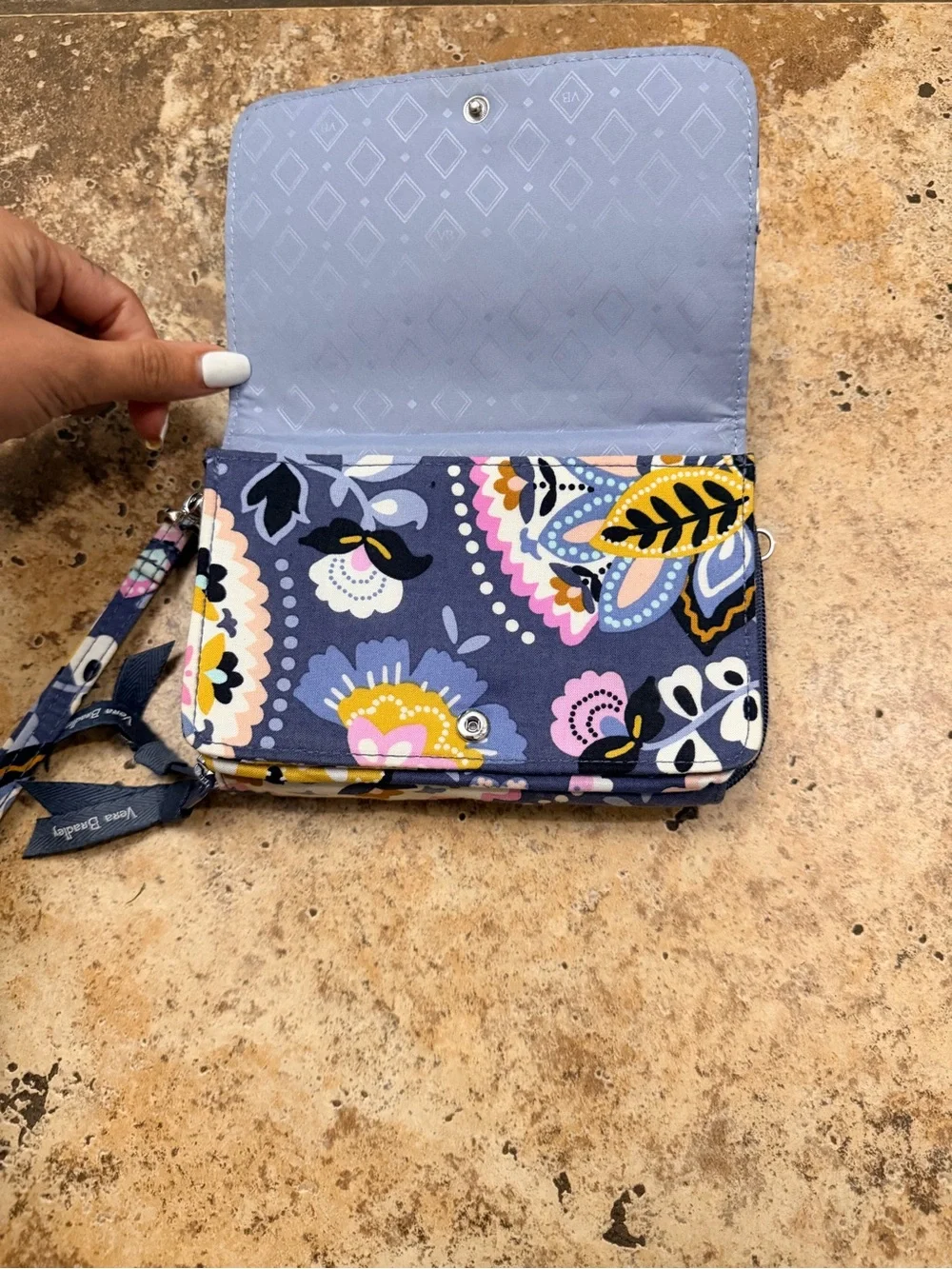Vera Bradley Navy Floral Wristlet with Yellow & Pink Accents